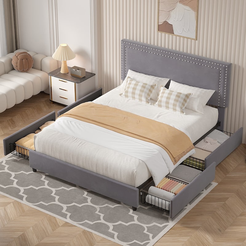 VECELO Upholstered Storage Bed Frames with 4 Storage Drawers Platform Bed Frame with Adjustable Velvet Rivets Headboard
