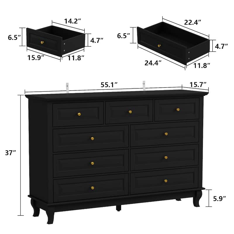 55.1"W 9-Drawer Dresser: Spacious and Sleek Design Chest Lacquer