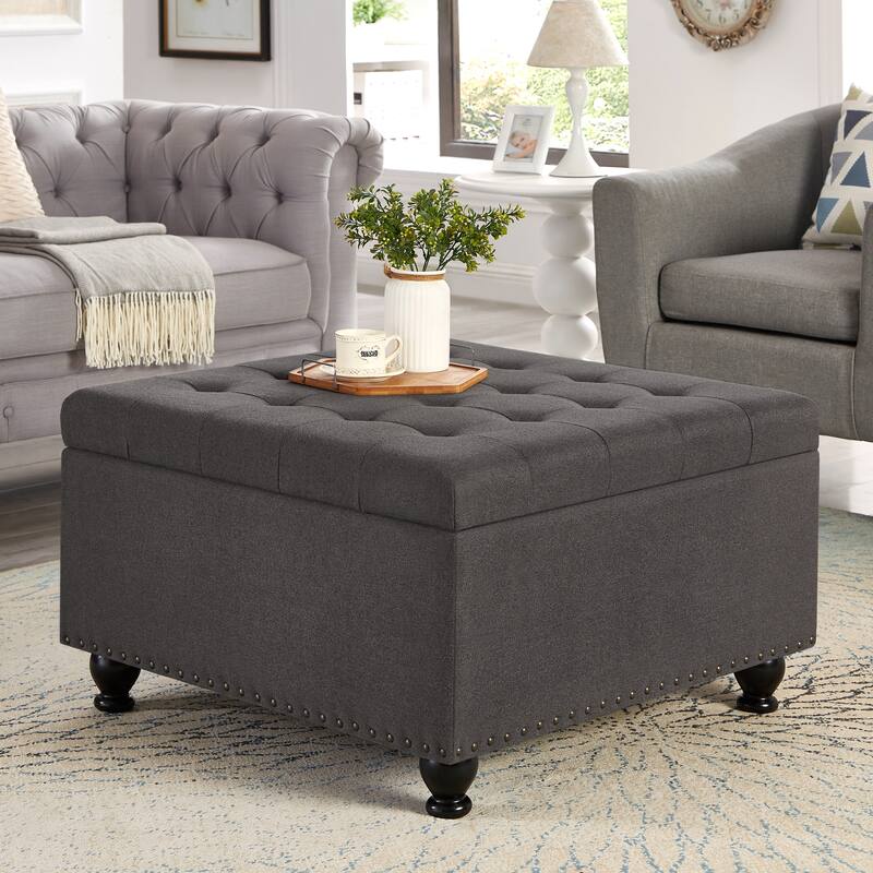 Elegant Dark Grey Ottoman with Spindle Wooden Legs and Versatile Functionality - Dark Gray - Medium