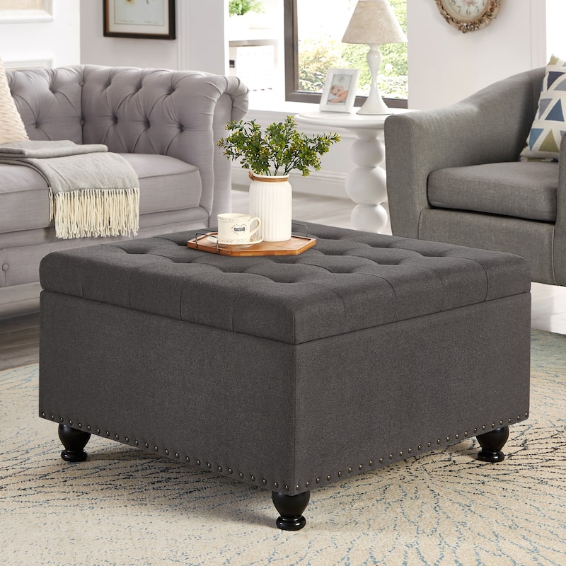 Large square storage ottoman with wooden legs, Upholstered button tufted coffee table with nail trims for Living Space - Grey