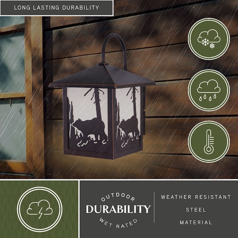 Bozeman 1 Light Bronze Rustic Bear Tree Outdoor Wall Lantern White Glass - 8-in W x 12.5-in H x 9-in D