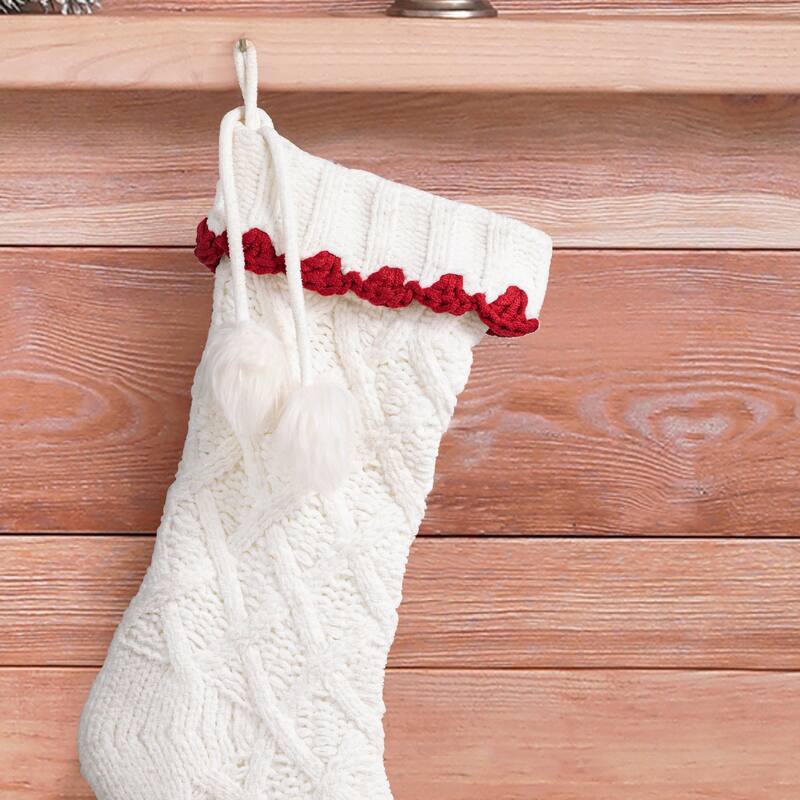Glitzhome Set of 2 Knitted Christmas Stocking White or Red with Pom Pom Ball