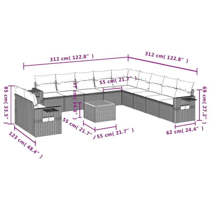 vidaXL Garden Sofa Set Black PE Rattan 12 Piece Modular - 21.7 x 21.7 x 14.6