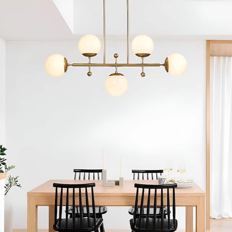 5-Light Linear Apollo Globe Opal Glass Pendant Kitchen Island Horizontal Chandelier - Brass
