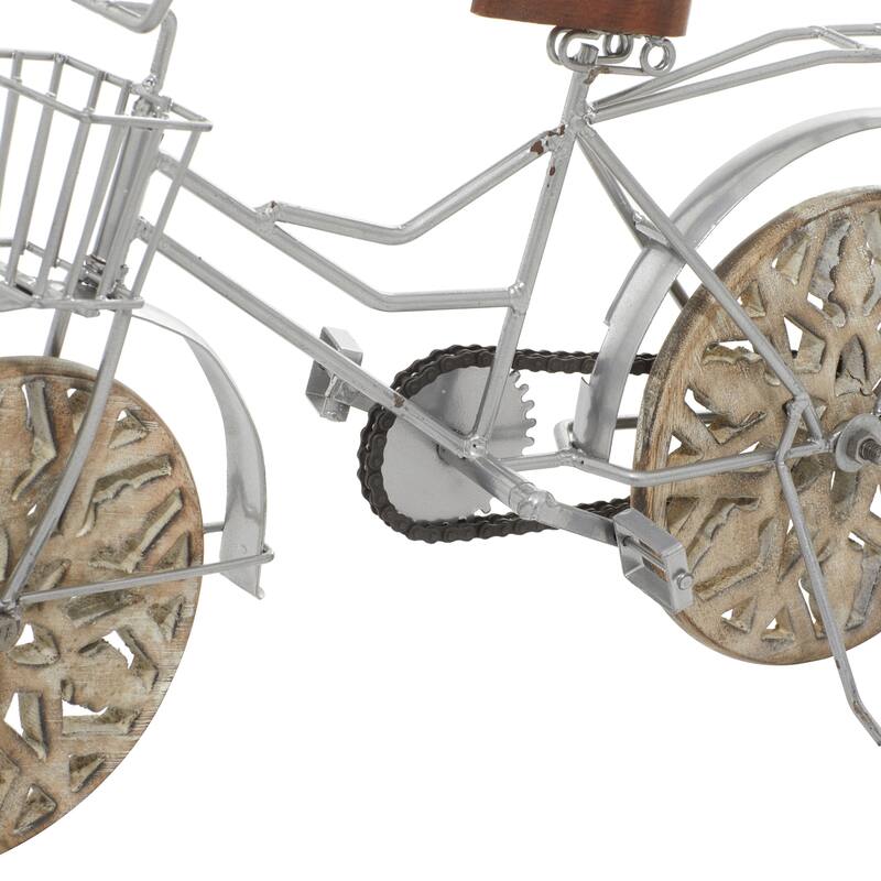 Metal Bike Decorative Sculpture with Carved Wood Wheels - White, Brown, Gold - Roche River Decor