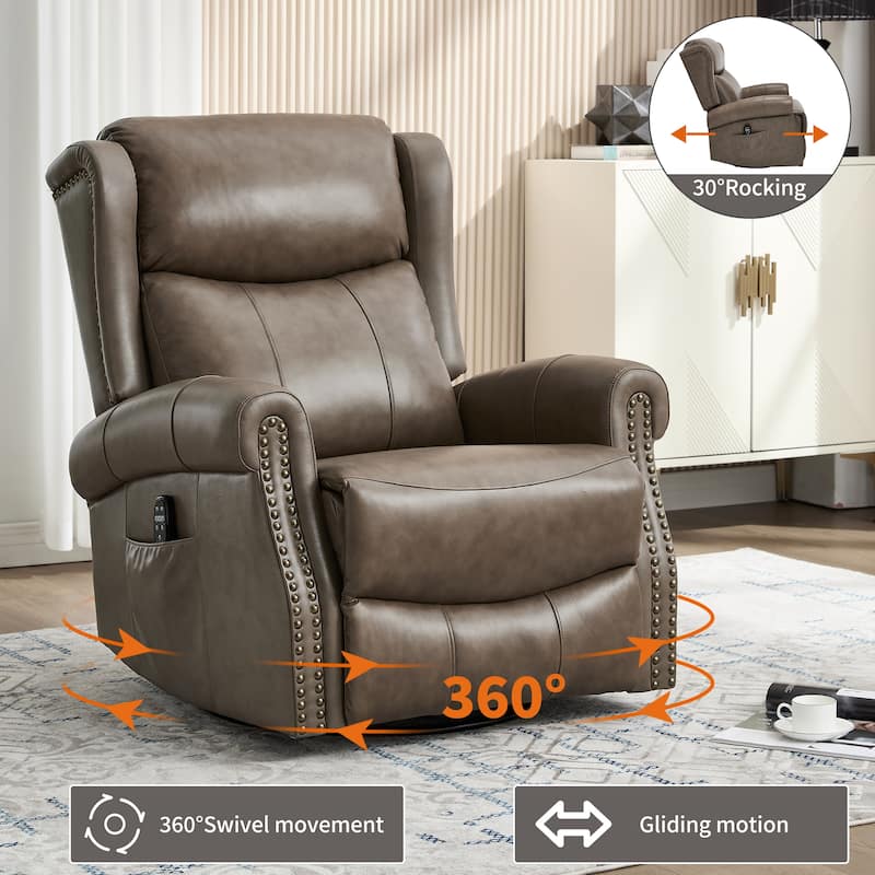 360° Swivel Rocking Recliner with Heat & Massage, Genuine Leather