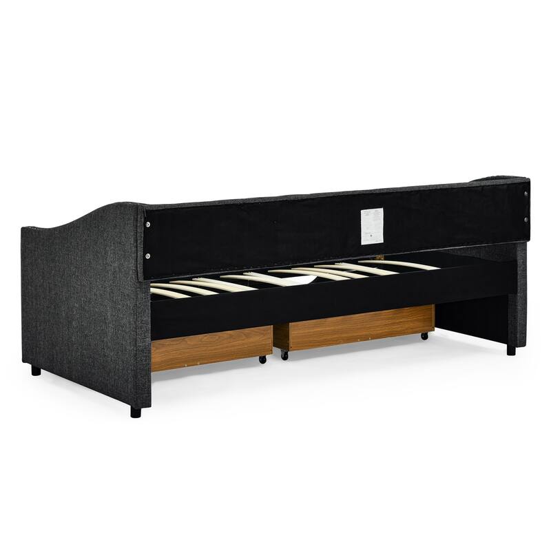 Twin Size Linen Upholstered Daybed Frame with 2 Drawers & Tufted Backrest
