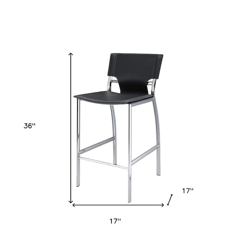 HomeRoots Set of Two 25" Black and Silver Faux Leather and Metal Low Back Counter Height Bar Chairs
