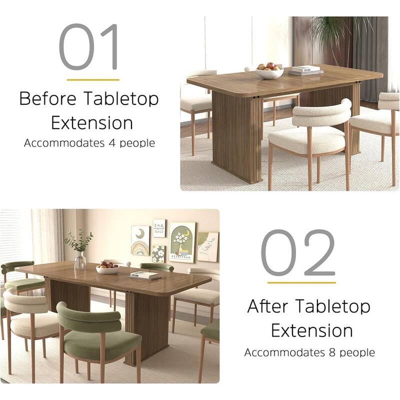 Rounded stripes Extendable Dining Table for 6-10 People, Wood Table with Double Robust Pedestal, Conference Meeting Table