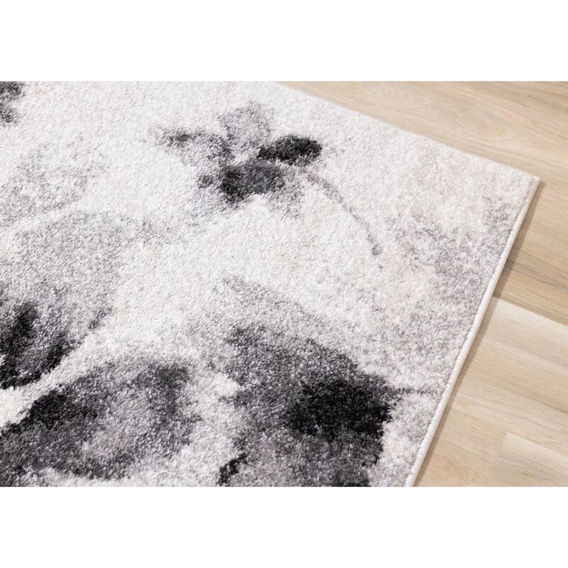 White Grey Neutral Flowers Frieze Area Rug