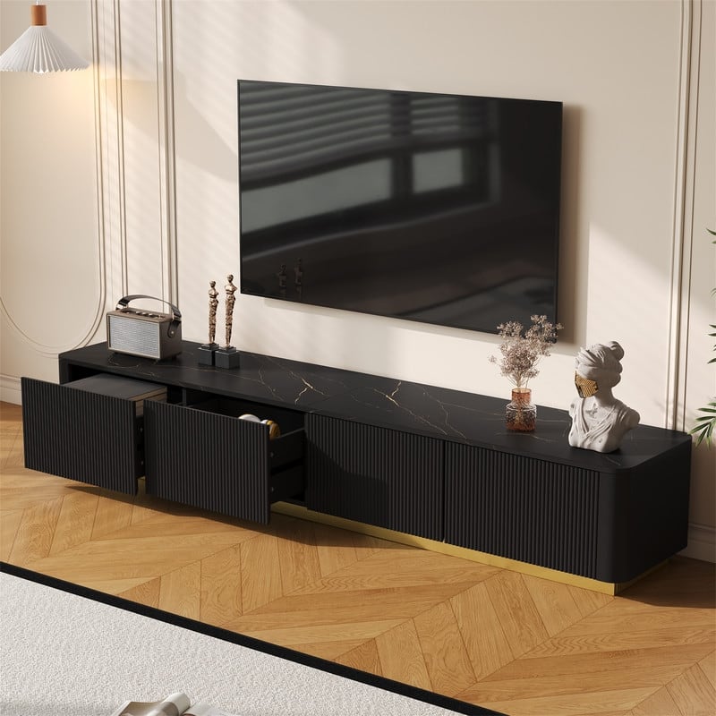 Luxury Fluted TV Stand for TVs Up to 85", Faux Marble Tabletop TV Cabinet Media Console w/ 4 Drawers & Gold Base for Living Room