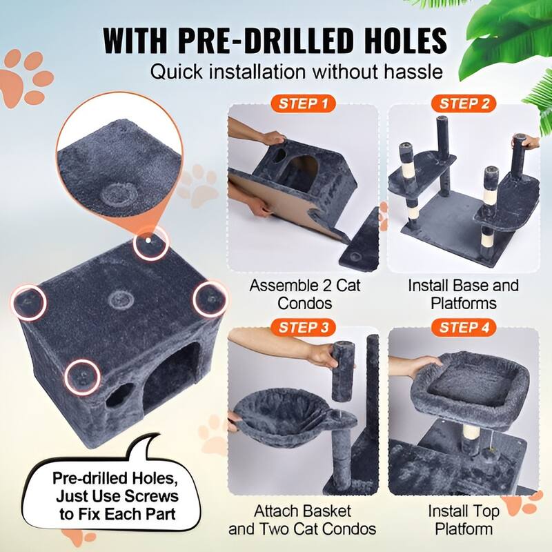 Dark Grey Plush 8-Layer Cat Tree with Condos, Hammock & Toys