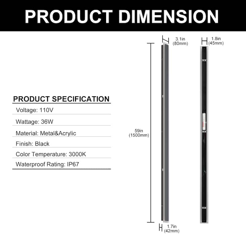 YANSUN Outdoor Wall Light, Long Rectangular Design, 3000K Warm LED, Satin Black Finish for Modern Outdoor Décor - 3.1*1.7*59