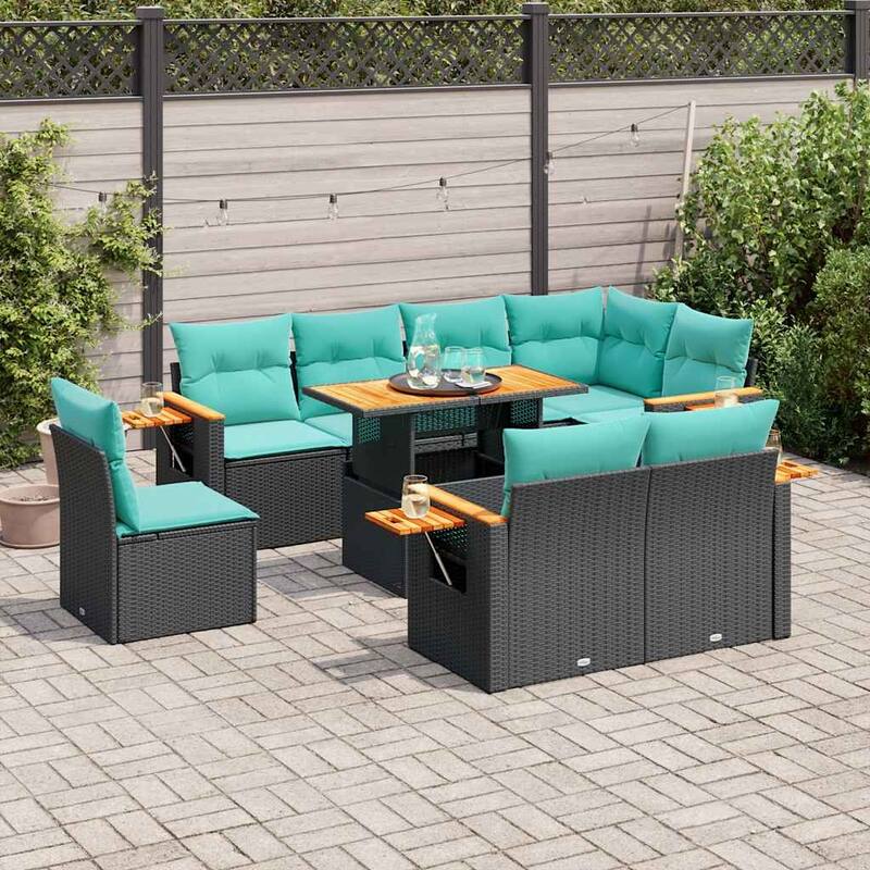 vidaXL Patio Sofa Set with Cushions Outdoor Furniture 9 Piece Poly Rattan - Black-with storage - 24.4 x 24.4 x 27.2