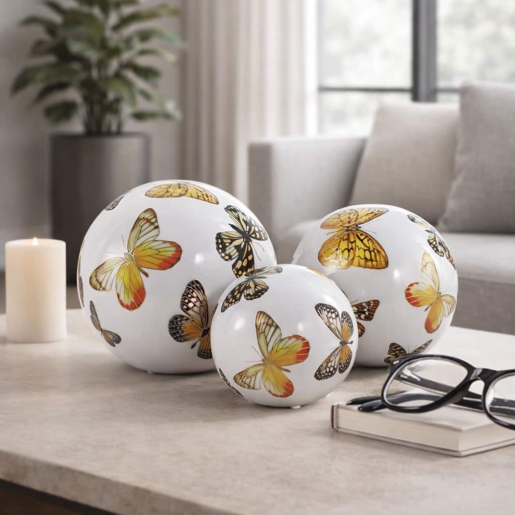 Ceramic Decorative Orbs Butterfly Print Design Home Decor (Set of 3) - 6" x 6" x 6"