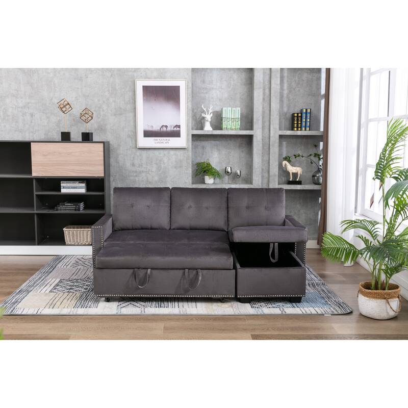 77 Inch Reversible Sectional Sleeper Sofa Bed, L-Shape 2 Seat, Dark Grey Velvet