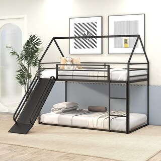 Twin over Twin House Bunk Bed with Convertible Slide, Ladder and Safety Guardrail