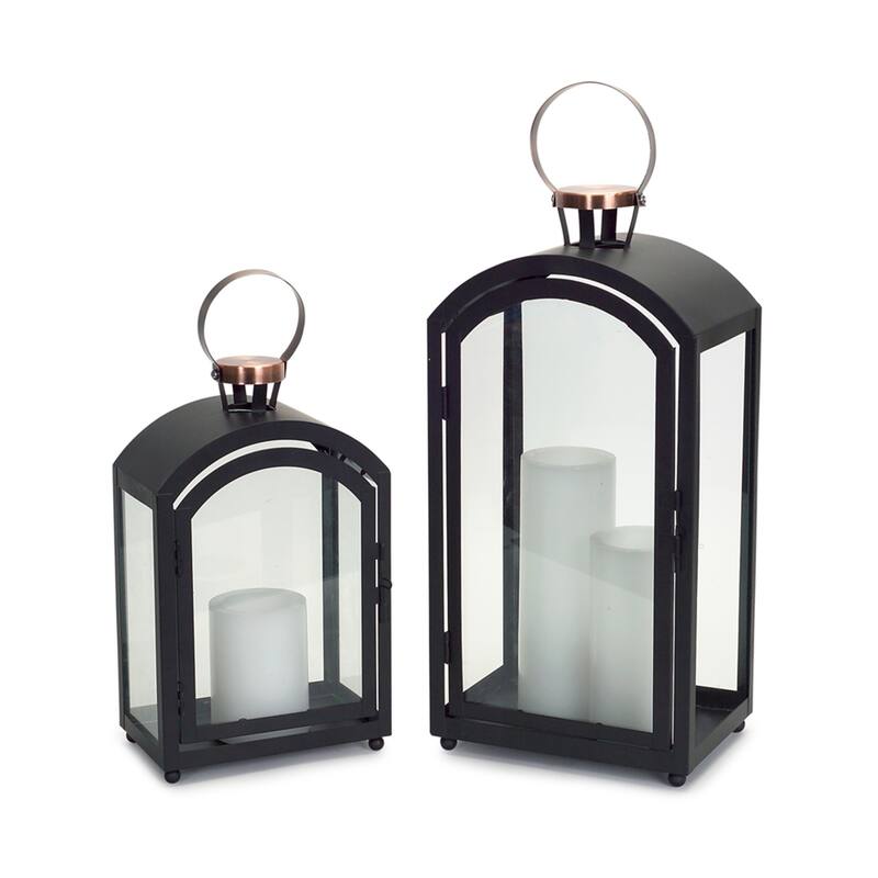 Set of 2 Black Metal Dome Lanterns with Copper Handle 20"