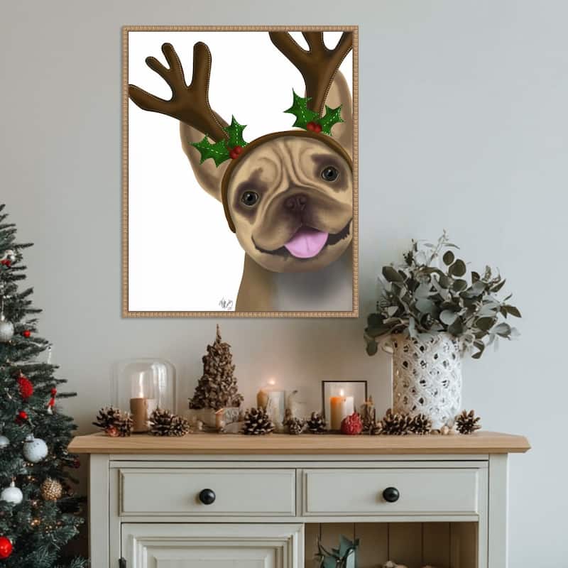 French Bulldog Antlers 2 by Fab Funky (23 x 28 in.), Framed Canvas Wall Art Print - Sylvie Beaded Rustic Natural