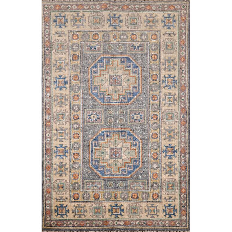 Grey Traditional Kazak Accent Rug Hand-Knotted Wool Carpet - 2'9" x 4'2"