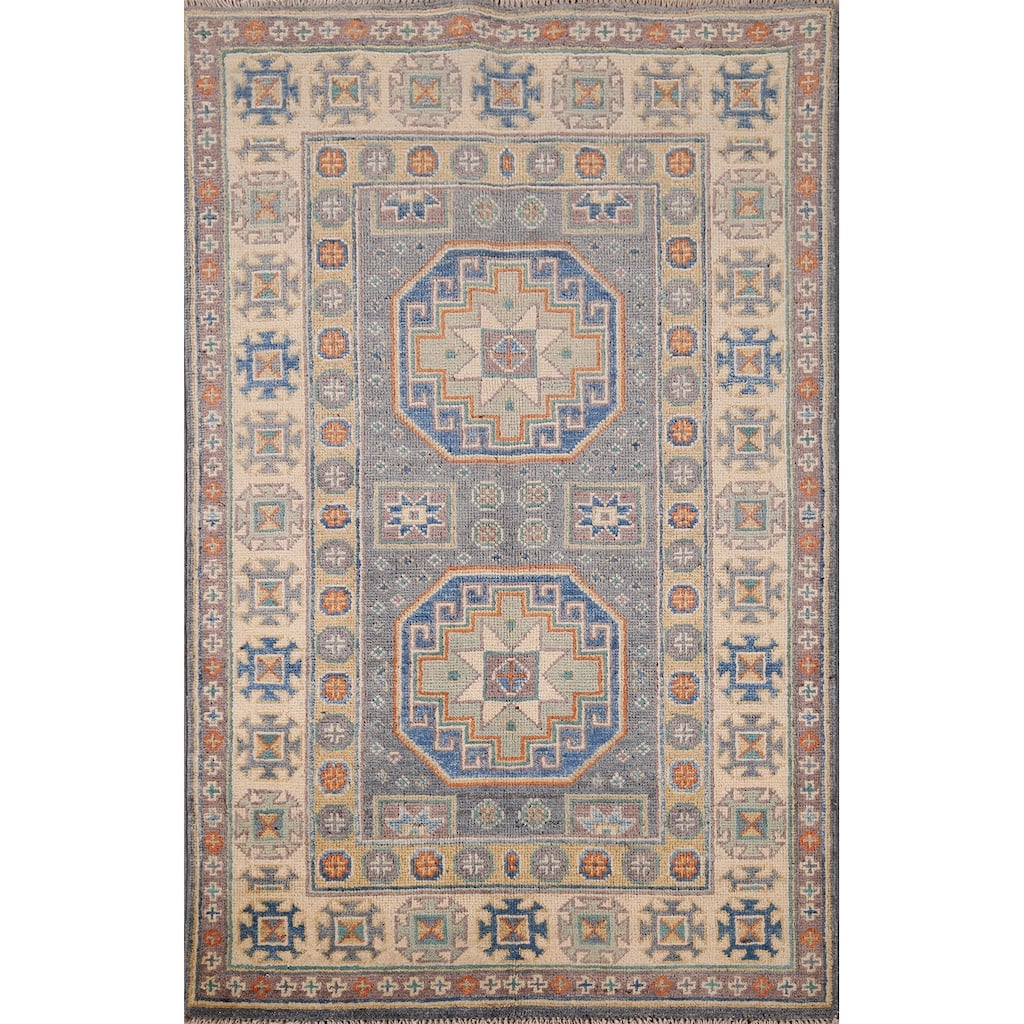 Grey Traditional Kazak Accent Rug Hand-Knotted Wool Carpet - 2'9" x 4'2"