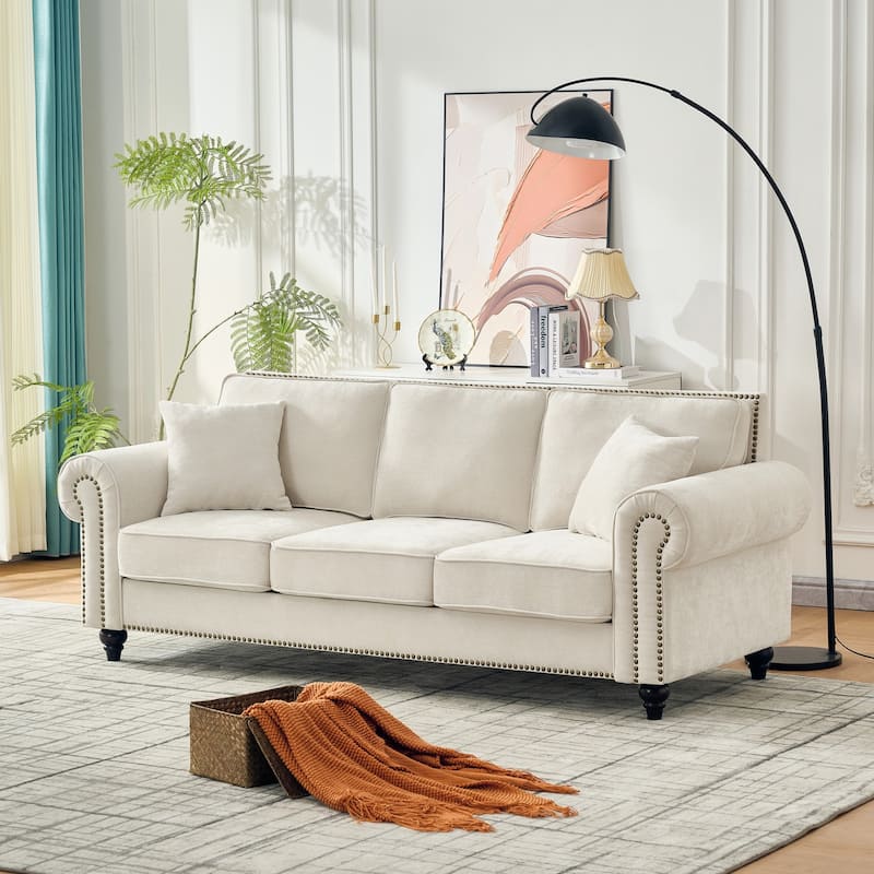 Living Room Deep Seat Rolled Arms Sofa Chenille Upholstered 3 Seater Couch with Wood Legs, Nailhead Trim and Pillows