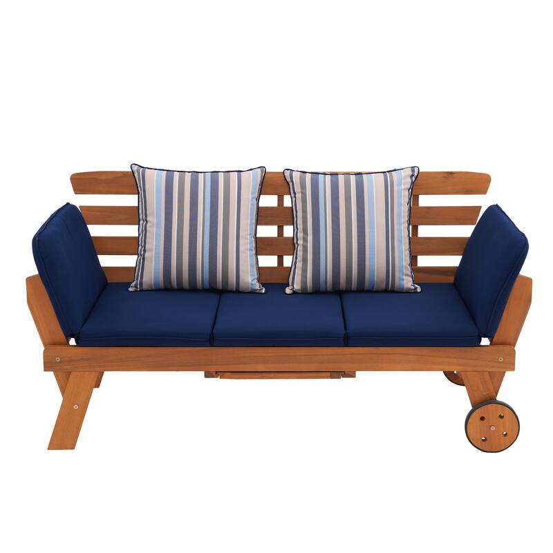 Outdoor Daybed Wooden Folding Lounge Chair with Front Tray and Wheels