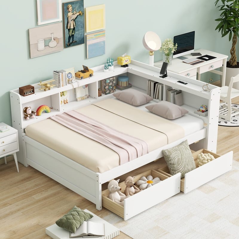 Full Size L-shaped Bookcases Daybed with Power Outlets, USB Charging Ports,Two Drawers - White