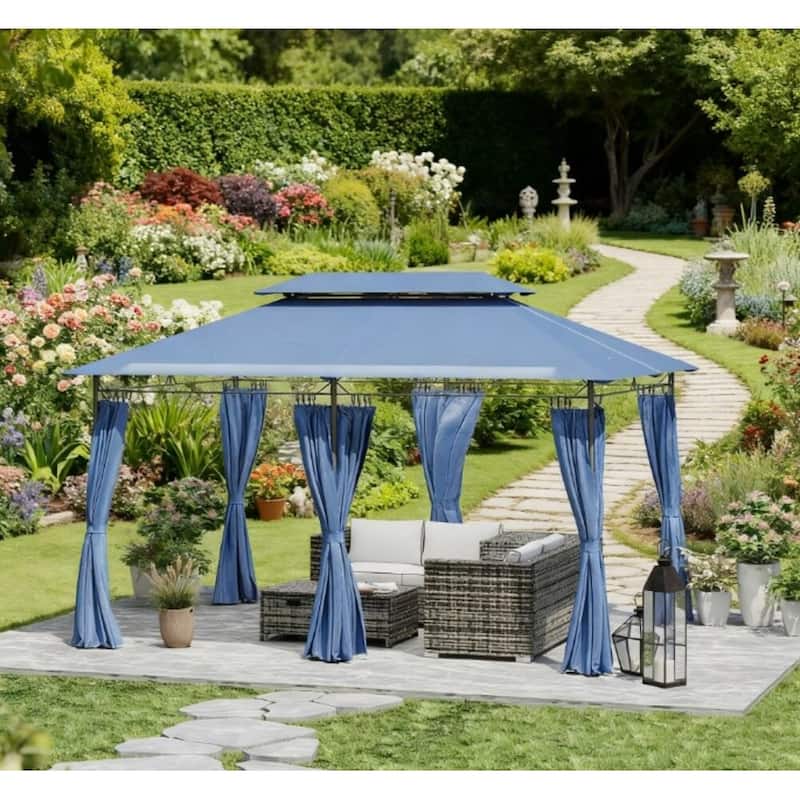 GDFStudio - Sebastian Elegant Double Roof Outdoor Gazebo with Curtains for Versatile Backyard Living