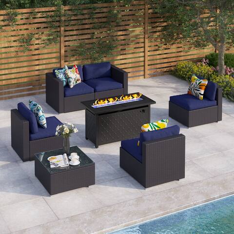 MakeYourDay 5/6-Seater Rattan Sectional Sofa Set with 2 Kinds of Gas Fire Pit Tables