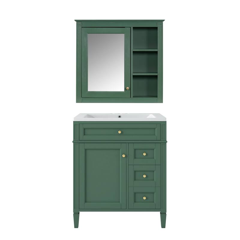 GDFStudio - Montvale Modern Freestanding Bathroom Vanity Set with Mirror Cabinet, Resin Sink & a Tip-out Drawer - 30'W