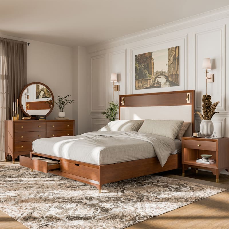 Furniture of America Forma Mid-Century Modern 4-Piece Walnut Solid Wood Storage Platform Bedroom Set - Queen