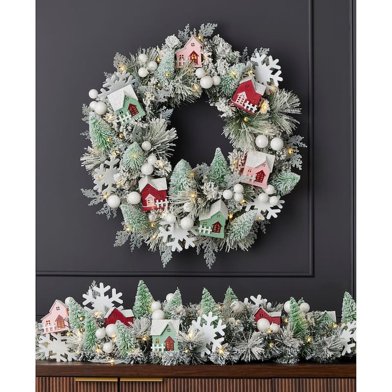 Snowy Cottage 60in Mantel Swag Pre-Lit with 70 LED Fairy Lights B/O