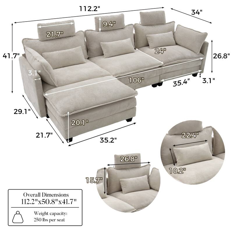 Modern Cream Corduroy 4-Seater Sectional Sofa with Adjustable Headrests, Pocket Spring Seats & Chaise Lounge