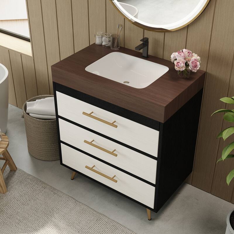 29.9" Modern Free-Standing Vanity with Ceramic Vessel Sink & Durable Sintered Stone Top