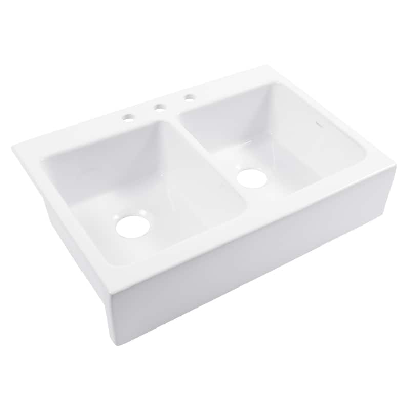 Parker Crisp White Fireclay 34" Double Bowl Quick-Fit Farmhouse Apron Front Drop-in Kitchen Sink and Drains