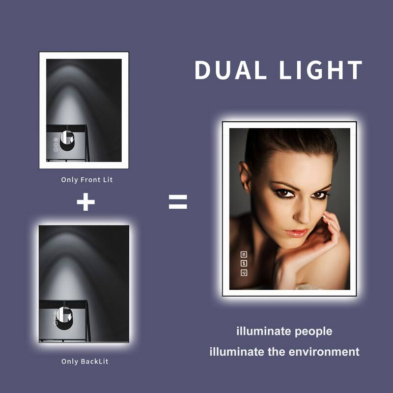 TOOLKISS Black Frame Anti-Fog Dimmable LED Light Vanity Bathroom Mirror with Backlit and Front Light