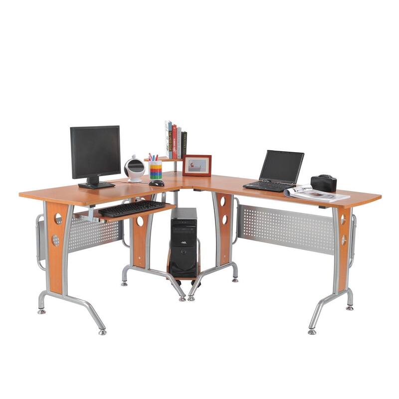 HOMCOM L-Shaped Corner Computer Office Desk Workstation with Elevated Shelf, Rolling Keyboard Tray, & Convenient CPU Stand