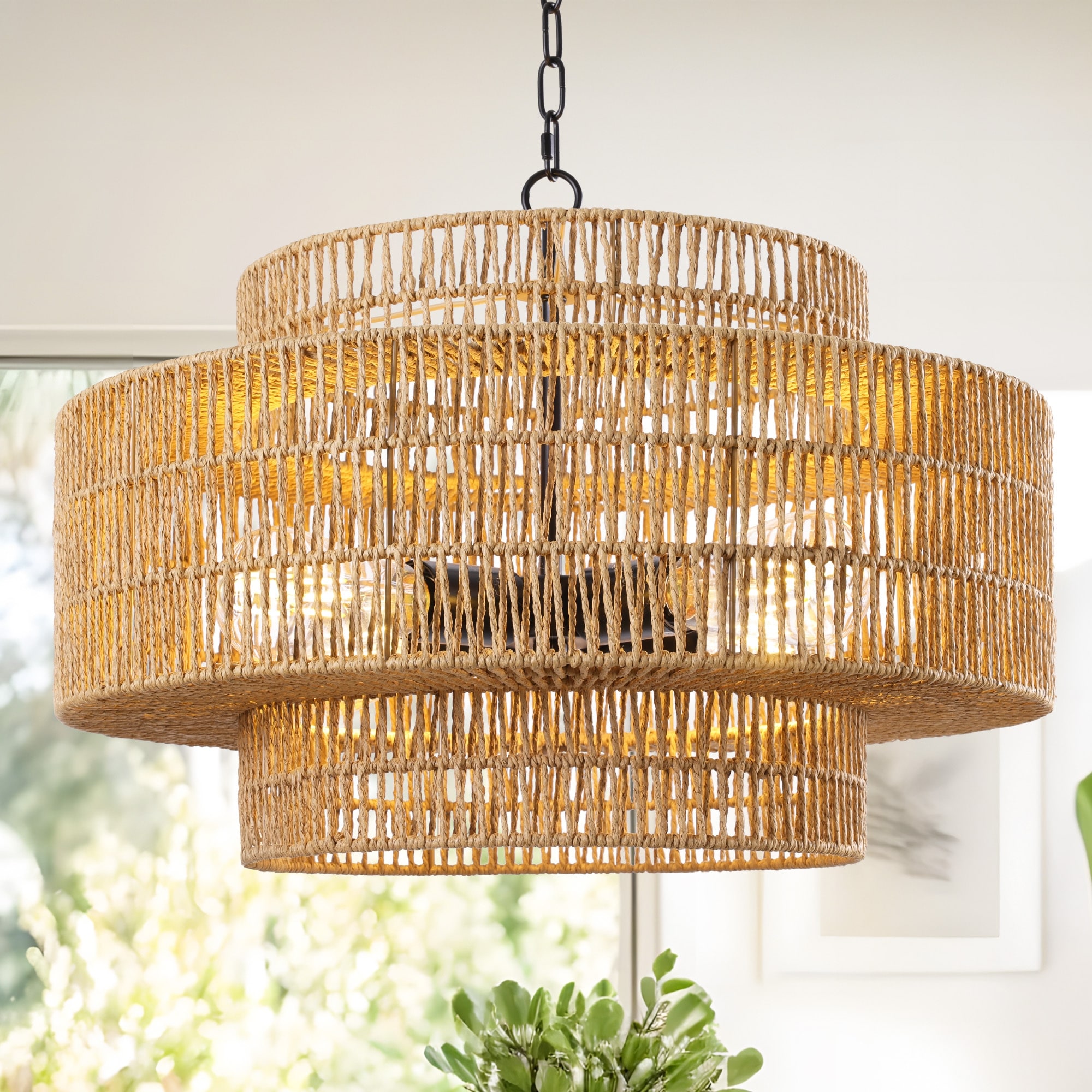 4 6 Light Boho 3 Tier Hand Woven Rattan Drum Chandelier