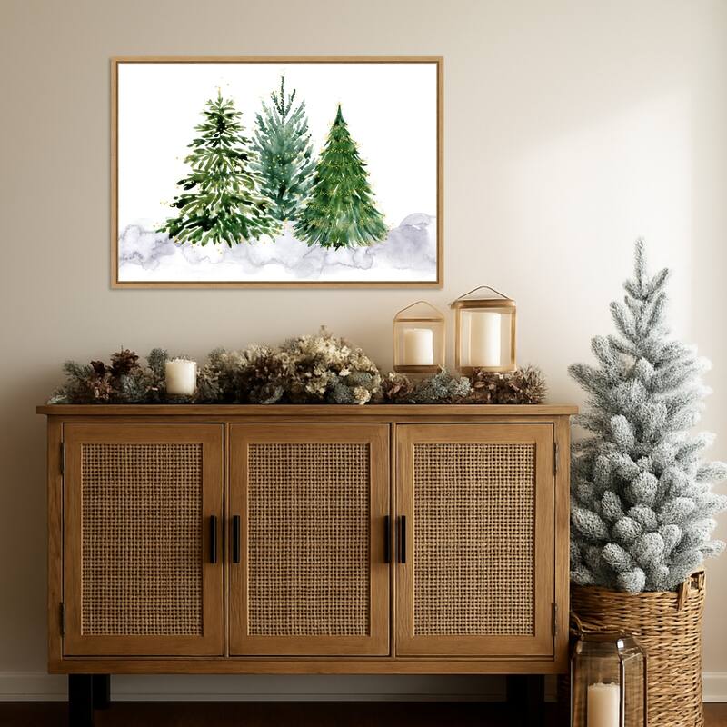 Three watercolor Christmas trees by Rosana Laiz Blursbyai Framed Canvas Wall Art Print