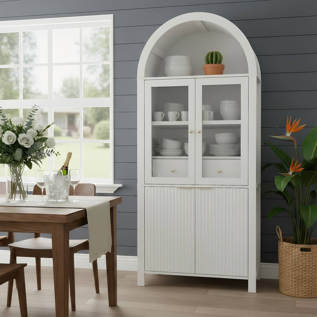 71" Fluted Tall Pantry Cabinet with Arched Glass Door, Hidden Drawer, Wood Display Storage Cabinet with Adjustable Shelves