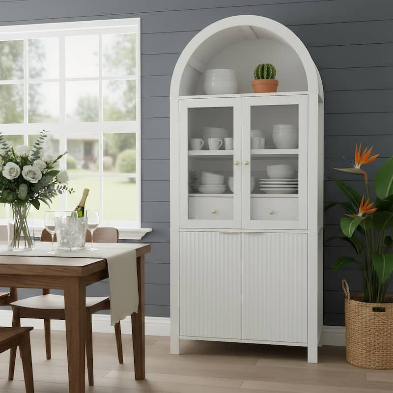 71" Fluted Tall Pantry Cabinet with Arched Glass Door, Hidden Drawer, Wood Display Storage Cabinet with Adjustable Shelves - White