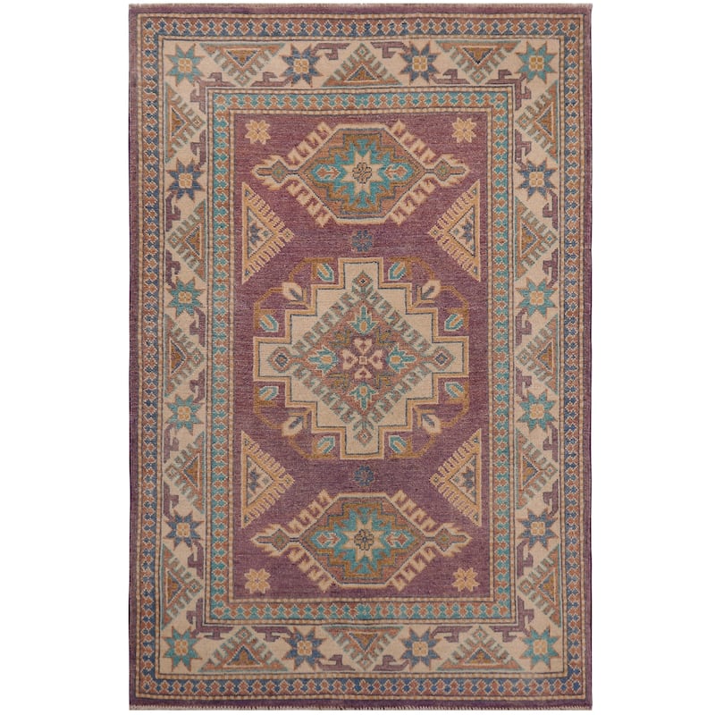 Bohemian Kazak Mila Light Purple/Beige Wool Rug - 3'4'' x 4'10''