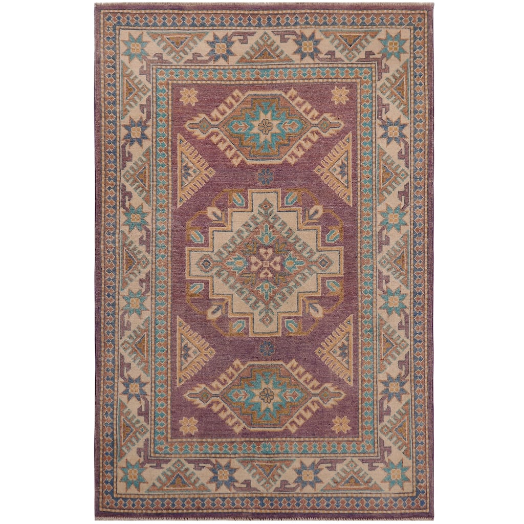 Bohemian Kazak Mila Light Purple/Beige Wool Rug - 3'4'' x 4'10''