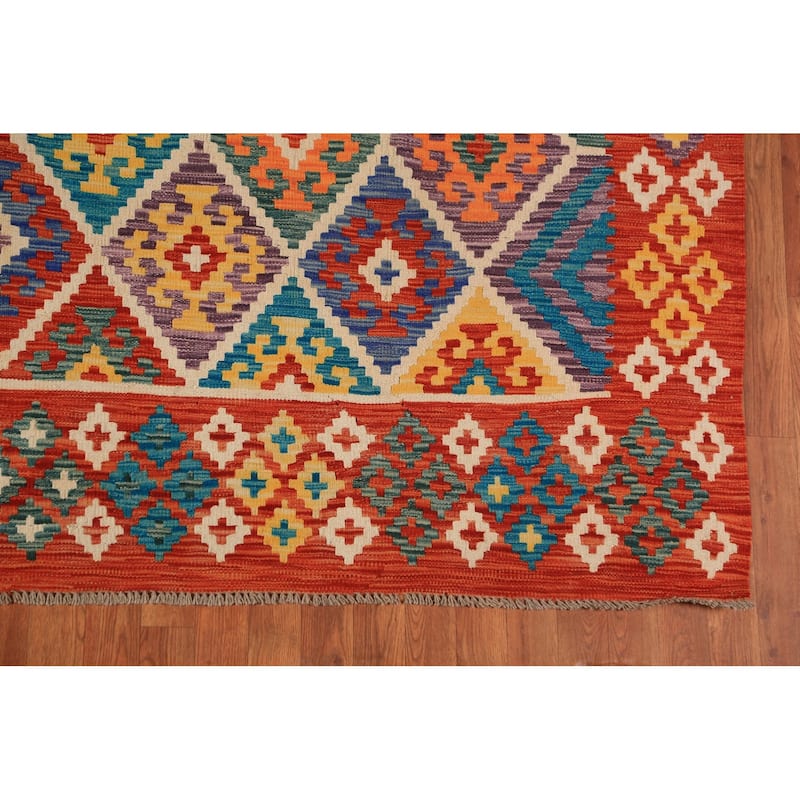 Geometric Kilim Reversible Area Rug Flatweave Orange Wool Carpet - 8'0"x 11'2"