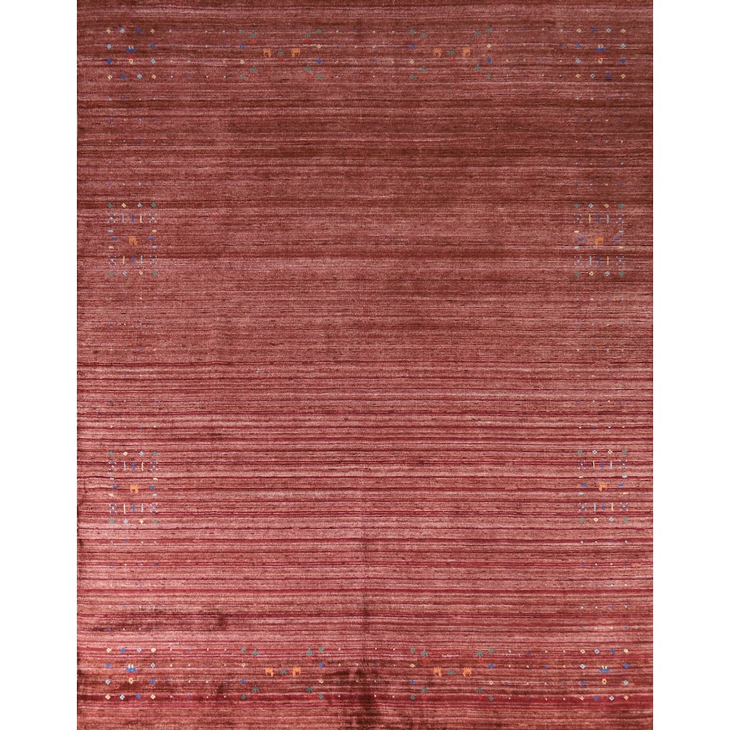 Hand Knotted Oriental Viscose Silk Carpet Tribal Animal Pictorial Red Gabbeh Area Rug - 10' 0'' X 8' 1''