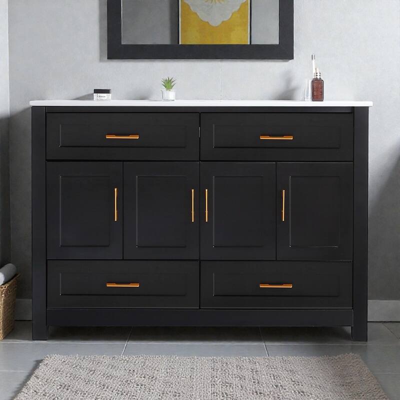 48 Inch Bathroom Vanity with Ceramic Sink Combo, MDF Freestanding Vanity Cabinet with 4 Soft Close Doors and 4 Drawers - Black