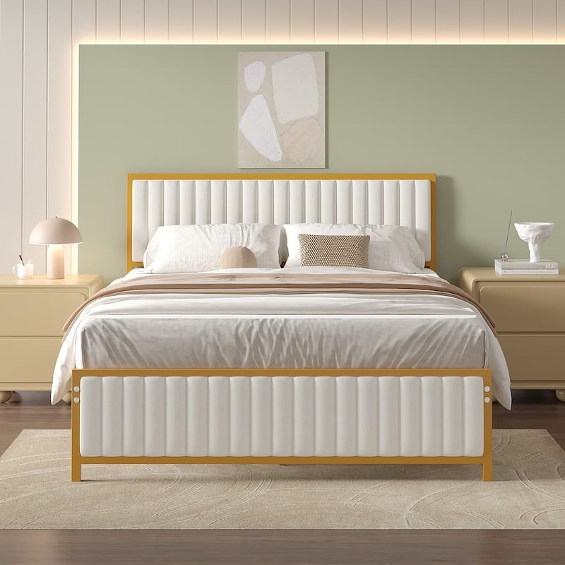 VECELO Upholstered Bed Frame with Tufted Headboard & Footboard Heavy Duty Steel Slats Platform No Box Spring Needed - Beige - Full
