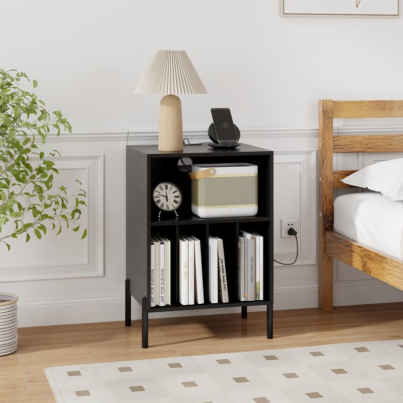 Gymax Record Player Stand w/ Charging Station 5 Storage Compartments