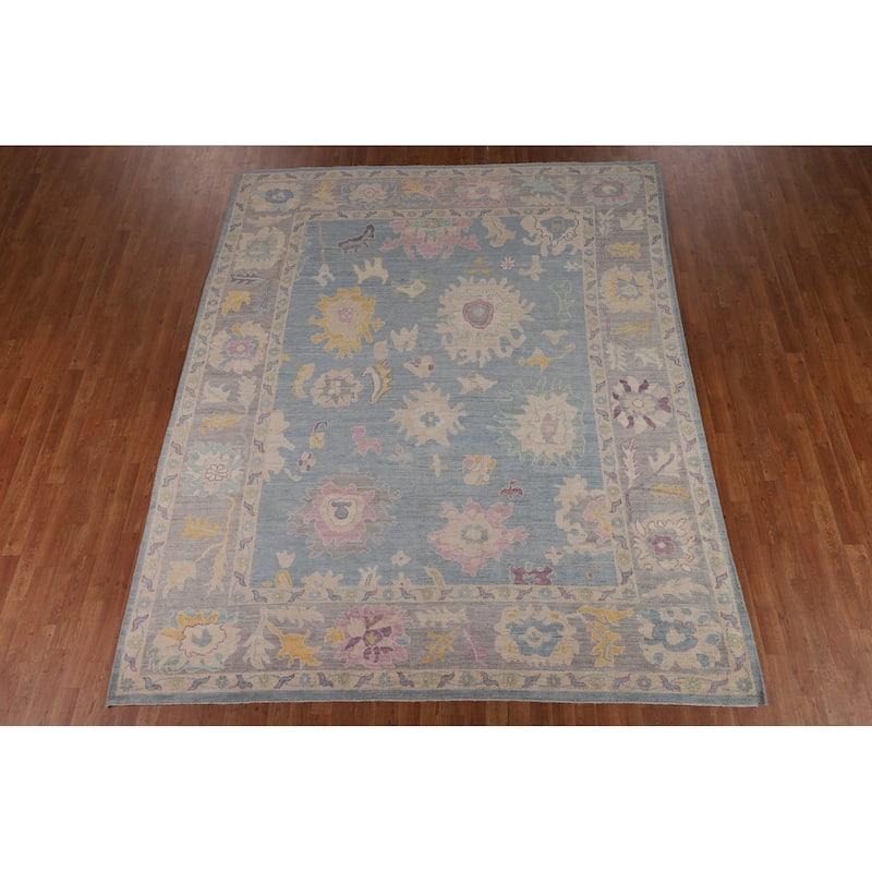 Blue Floral Oushak Turkish Area Rug Hand-Knotted Wool Carpet - 8'3"x 10'1"